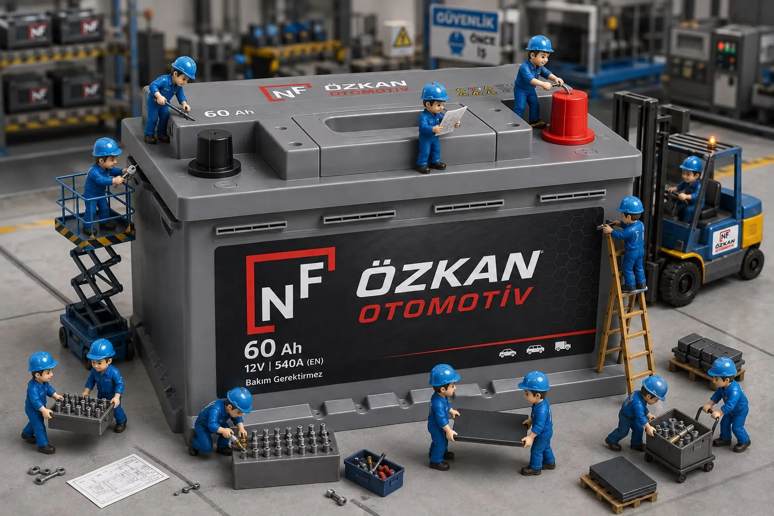 NF Özkan Otomotiv 60 Ah dev akü etrafında çalışan minik mavi kasklı işçiler, forklift