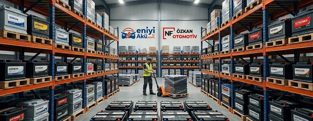 Geniş akü deposu panoraması: eniyiAkü ve NF Özkan tabelaları, raf koridoru